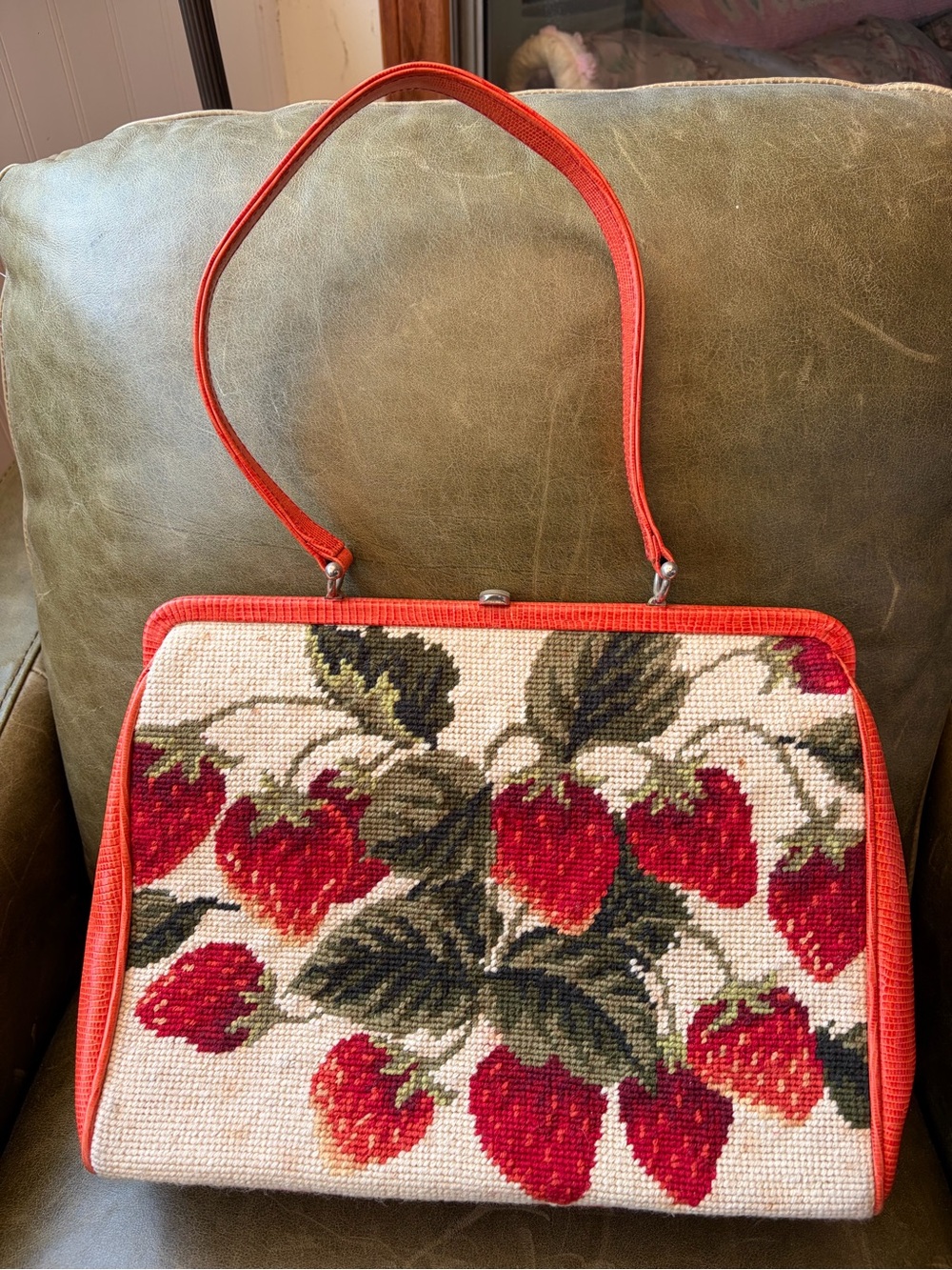Isabella Fiore Strawberry Needlepoint Satchel in Red and Cream